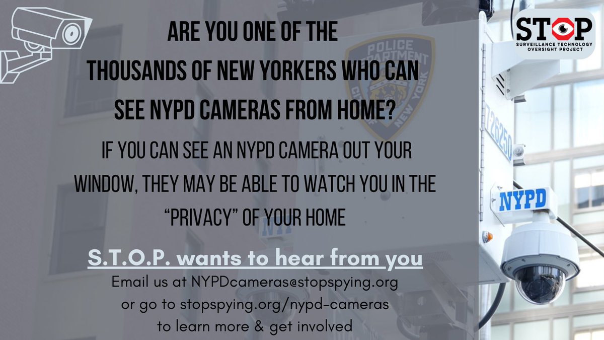 NYC_ShutItDown's tweet photo. Can you see a NYPD camera from your home? You deserve privacy in your own home. Reach out to S.T.O.P. https://t.co/LxMIZerarX https://t.co/qDqs08HHlJ
