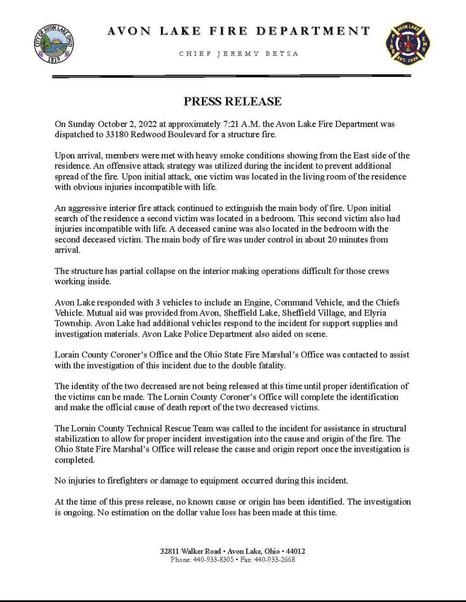 AvonLakeCity's tweet photo. This morning Avon Lake Fire Dept responded to a structure fire on Redwood Blvd. There were two civilian fatalities. Our sympathies to the family that suffered a tremendous loss this morning. The press release related to this incident is attached.
#AvonLake #AvonLakeFire https://t.co/z4baLipnn9
