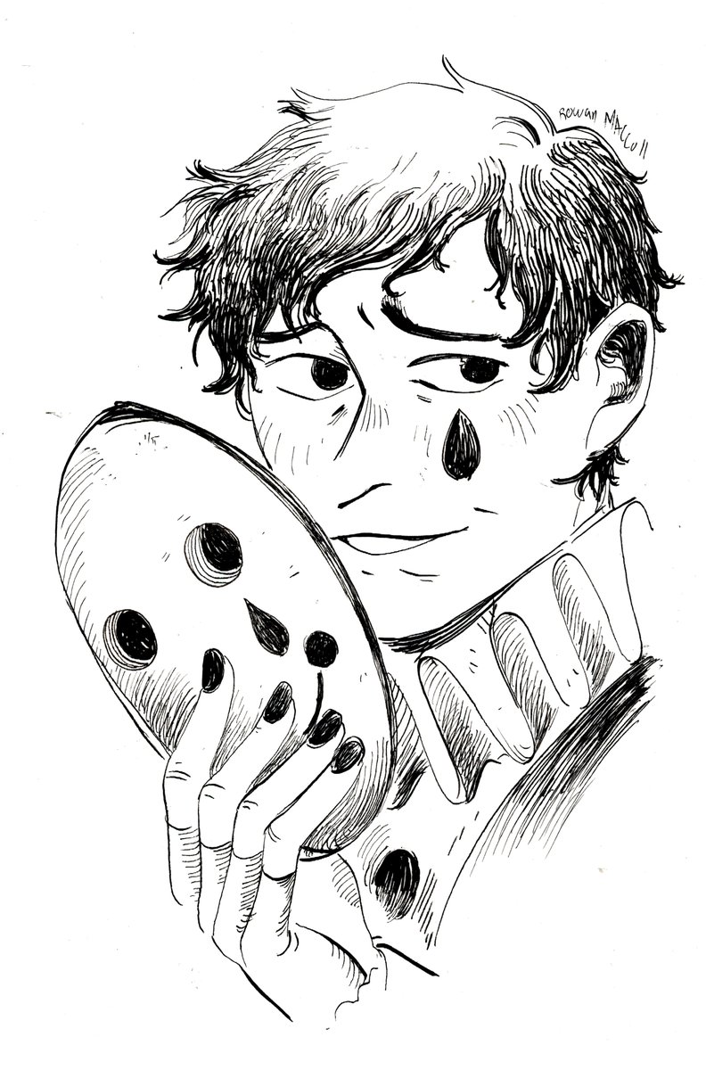 #inktober2022 
Day 2
Jest considers his face considerably more boring than wearing the mask, but maybe that's just the entertainer in him. 