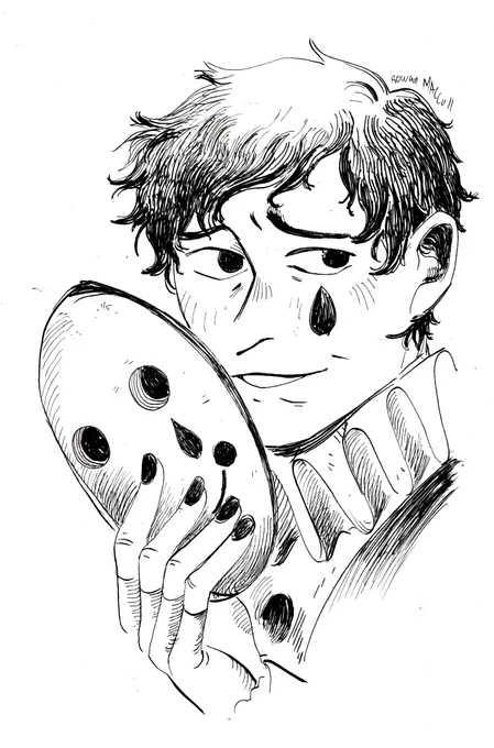 #inktober2022 
Day 2
Jest considers his face considerably more boring than wearing the mask, but maybe that's just the entertainer in him. 