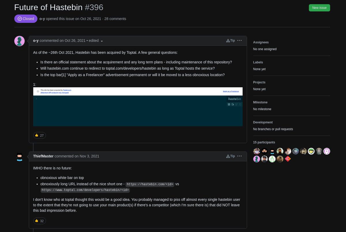 CKsTechNews's tweet image. #Hastebin under criticism after the takeover from Toptal.com

Discussion
github.com/toptal/haste-s…