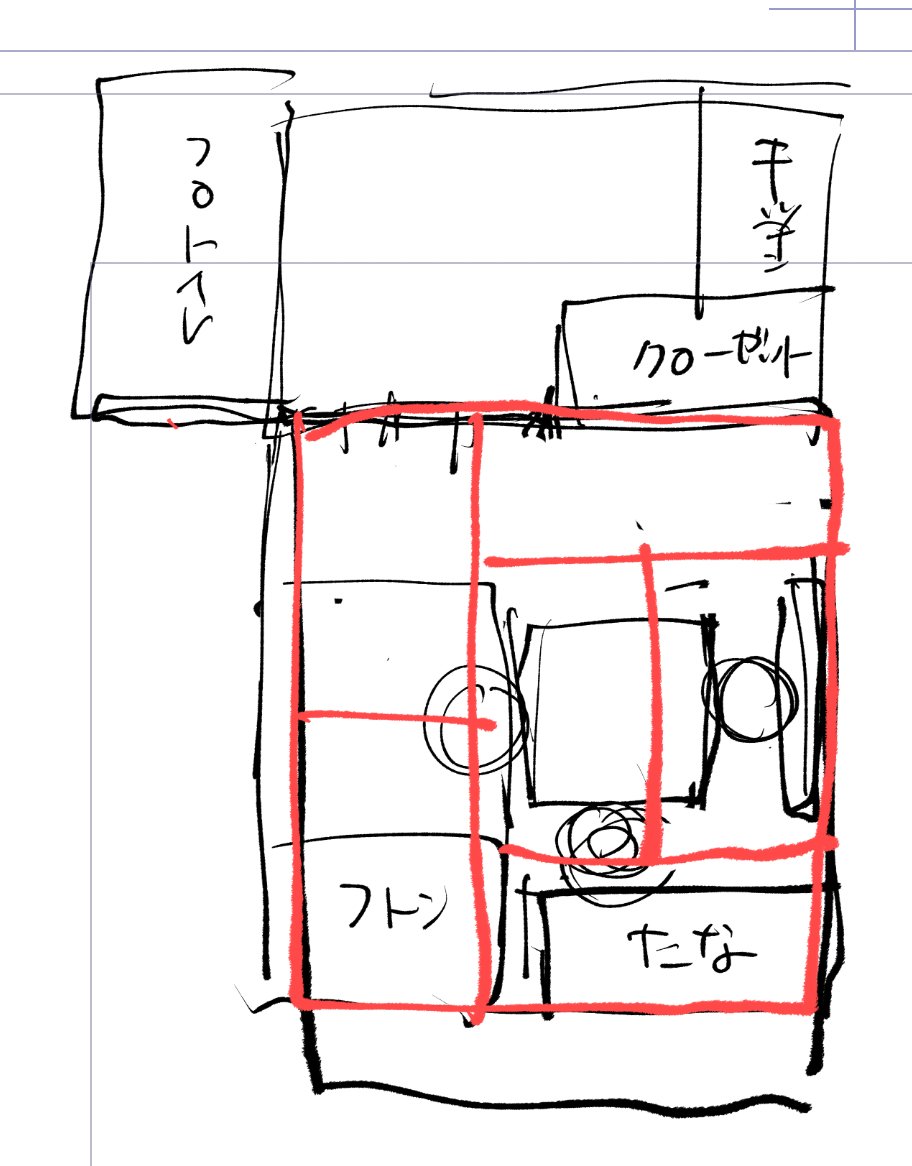 山田の部屋を描くにあたって1話の時に雑に描いた間取り図を見返してたんですけど「こんなとこ(ベランダ側)に棚あるわけないだろバカ」となった 