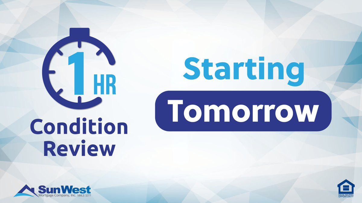 SunWestMortgage's tweet photo. Effective tomorrow, our condition review turn times will be cut in half!
Visit https://t.co/M40B2BONbv or call us at (833) 478-6937 to learn more.
#sunwestmortgage #breakingnews #angelalert #wegetyou #mytruehome #loanofficer #homeloan #broker #automation #technology https://t.co/LqJ79zDEkN