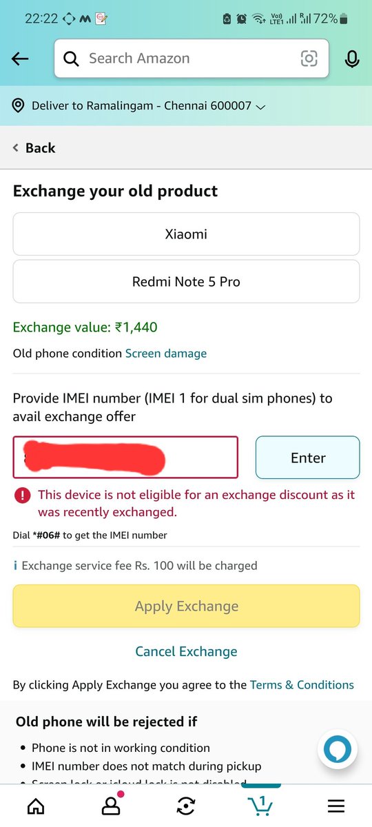 SnekaCM's tweet photo. @AmazonHelp @AmazonHelp @amazonIN Attached screenshot. We are unable to repeat our old order (new phone with exchange). Our last package was cancelled and old phone was also not exchanged. Please assist. https://t.co/WFnRMRdpv1