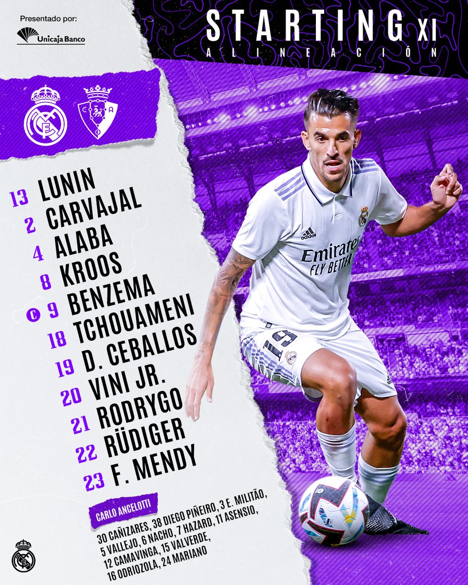 realmadrid's tweet image. 📋✅ ¡Nuestro 𝗫𝗜 inicial 🆚 @Osasuna! 
@UnicajaBanco | #RealMadridOsasuna