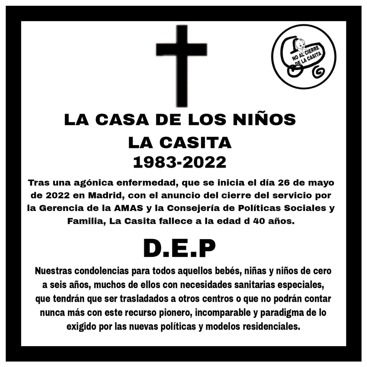 Paremos el cierre de La Casita!!
Ayúdanos a dar voz a l<a href="/s/">『S』</a> niñ@s 
No al traslado de menores enfermos y bebés a centros en núcleo urbano, q x sus infraestructuras, espacio y ubicación perderán en calidad d atención.
La Casita es insustituible.
@somosCasita