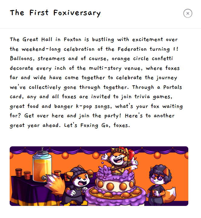 late gm and happy belated Foxiversary 🟠🟠🟠 so grateful for being able to be part of this community and the creative team as lore writer. 🦊🦊🦊 hope you foxes enjoy this week's anniversary mission 🧡🧡🧡