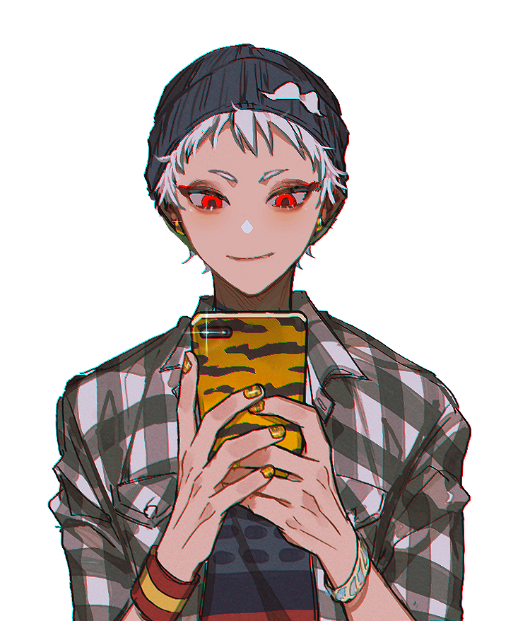 solo phone holding phone red eyes holding cellphone black headwear  illustration images