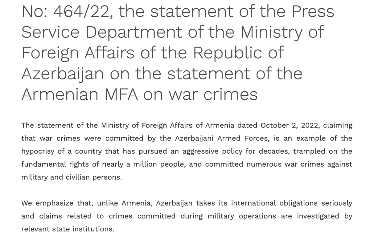LindseySnell's tweet photo. Azerbaijan MFA says of the latest in a series of horrific war crime videos shared by Azerbaijani soldiers that "unlike Armenia," Azerbaijan will investigate war crimes.

Can the AZ MFA update us on the dozens of AZ war crimes they promised to investigate and prosecute in 2020? https://t.co/rxZ5PFvHKf