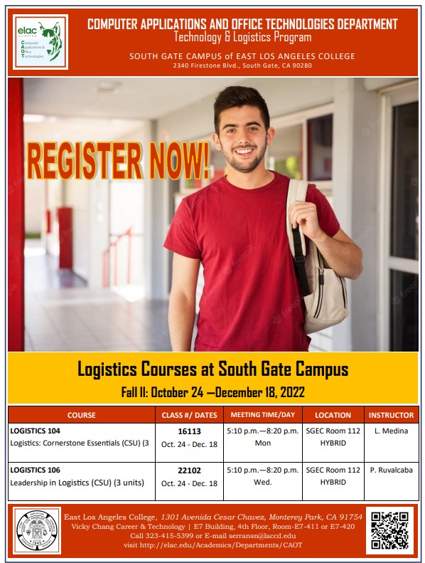 Brush up on your computer skills, learn about Logistics or study the foundations of foreign business markets. Take a look at what the CAOT Dept. is offering for the second session Fall 2022 semester. 
Oct. 24 - Dec. 18. Online &amp; in-person classes. Email: serransn@laccd.edu