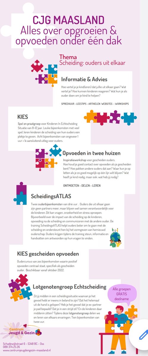 CJG heeft diverse groepen voor ouders die gaan scheiden, zijn gescheiden en voor hun kinderen om de scheiding een plekje te geven. 
#KIES #ScheidungsATLAS #LotgenotengroepEchtscheiding #OpvoedeninTweeHuizen #OudersInc

centrumjeugdengezin-maasland.nl/pages/nl-nl/al…