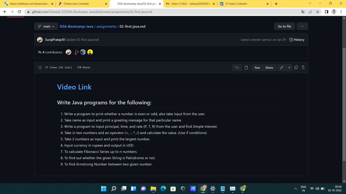 Vishwask_22's tweet image. Hi Guys! On Day10 of my #100DaysOfCodeChallenge and am started solving lecture's-2 #Assignment problems & done few problems from #DsaJava Bootcamp of Kunal Kushwaha.
#HappyLearning #DsaWithKunal #LearningInPublic 
Consistency Is The Key. Trust The process.