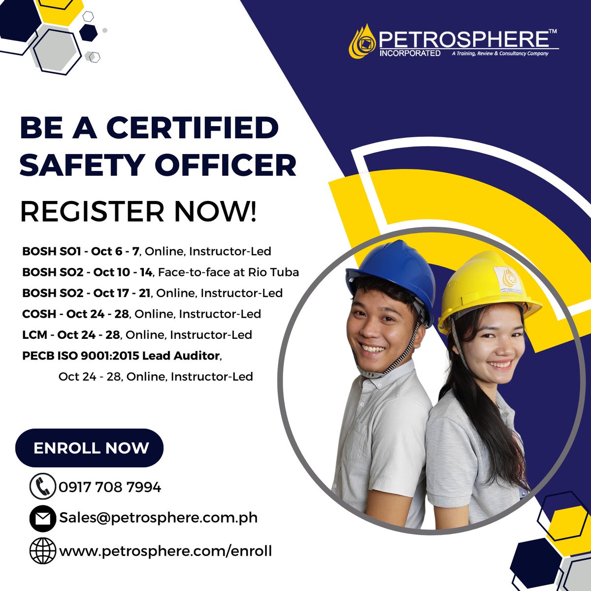 petrosphere's tweet photo. (1/2) Be a certified safety officer now! Secure your slot now for our training this October!
BOSH SO1 – Online Instructor-Led - https://t.co/7SOOFUgZ6t
BOSH SO2 – Online Instructor-Led - https://t.co/wHz9eh38Uj https://t.co/qRvnVYJtBq