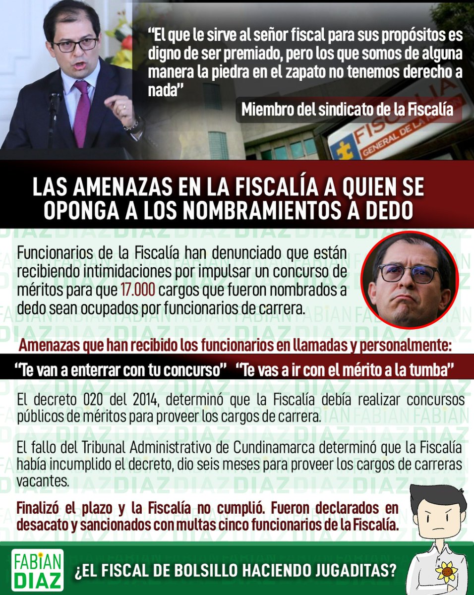 FabianDiazPlata's tweet photo. Funcionarios de la Fiscalía han denunciado que están recibiendo #Amenazas e intimidación por impulsar concurso de méritos para 17 MIL cargos que actualmente están ocupados por personas nombradas a dedo. https://t.co/pBdZhp1kR8