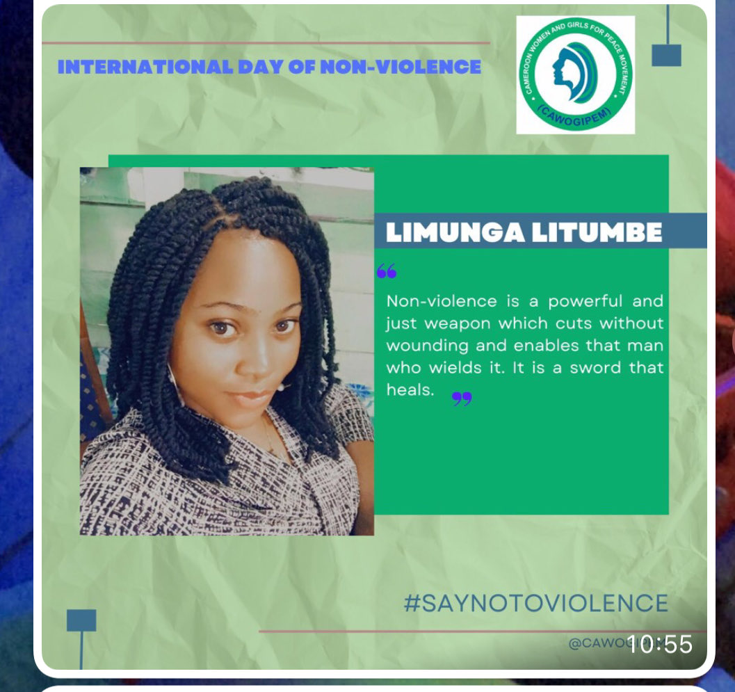 limunga_litumbe's tweet photo. On #International day of non-violence. We the #women4peace and #Girls4peace activist launch our awareness campaign.#say No To violence # CAWOGIPEM https://t.co/ikpIvsQvD7