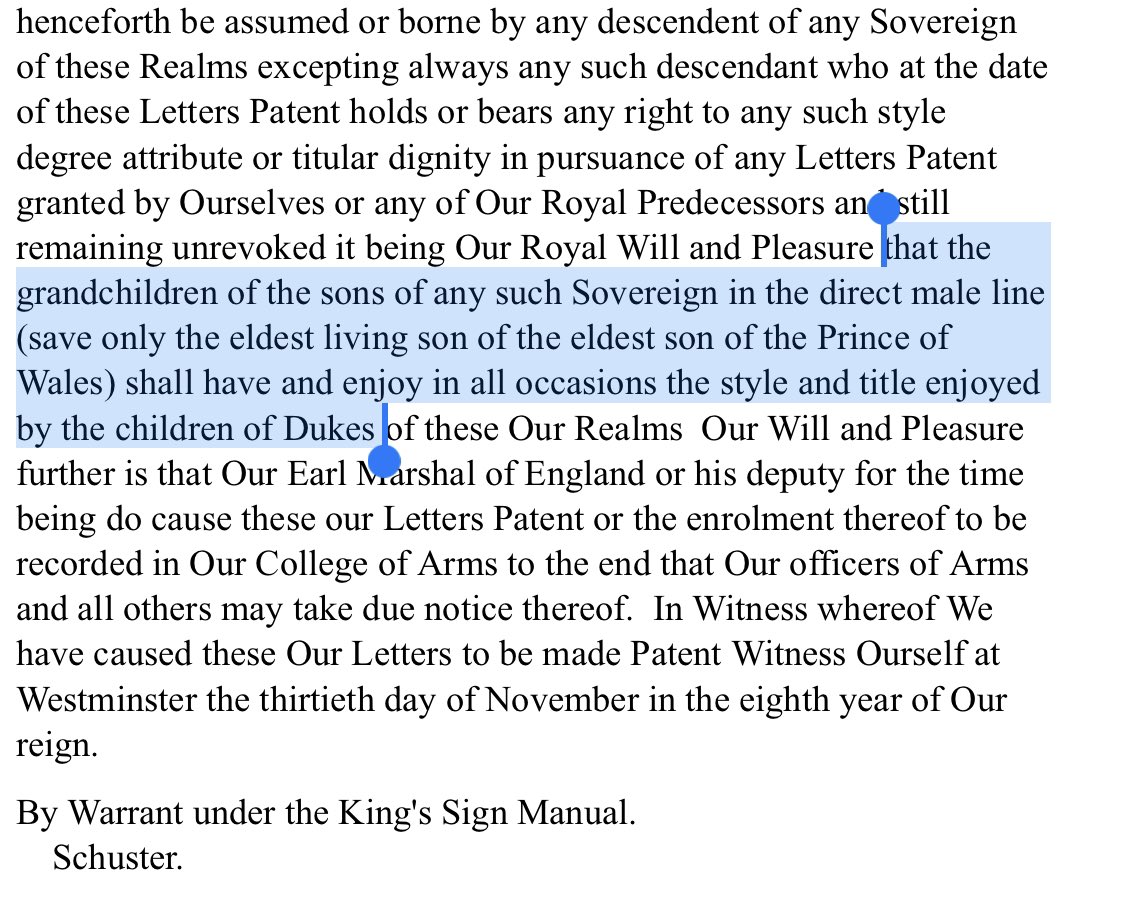 quickbeam71's tweet photo. @gloriagaga @LemonTrifle At the times of their births, A&amp;L were allowed to be titled as Lord/Lady (as kids of a duke). It’s in the 1917 LP (as grandkids of the son of the monarch) &amp; unless a new LP is issued, that’s what they are. Except for inherited peerages, titles are #NotAutomatic. https://t.co/uK2DgAy3NW