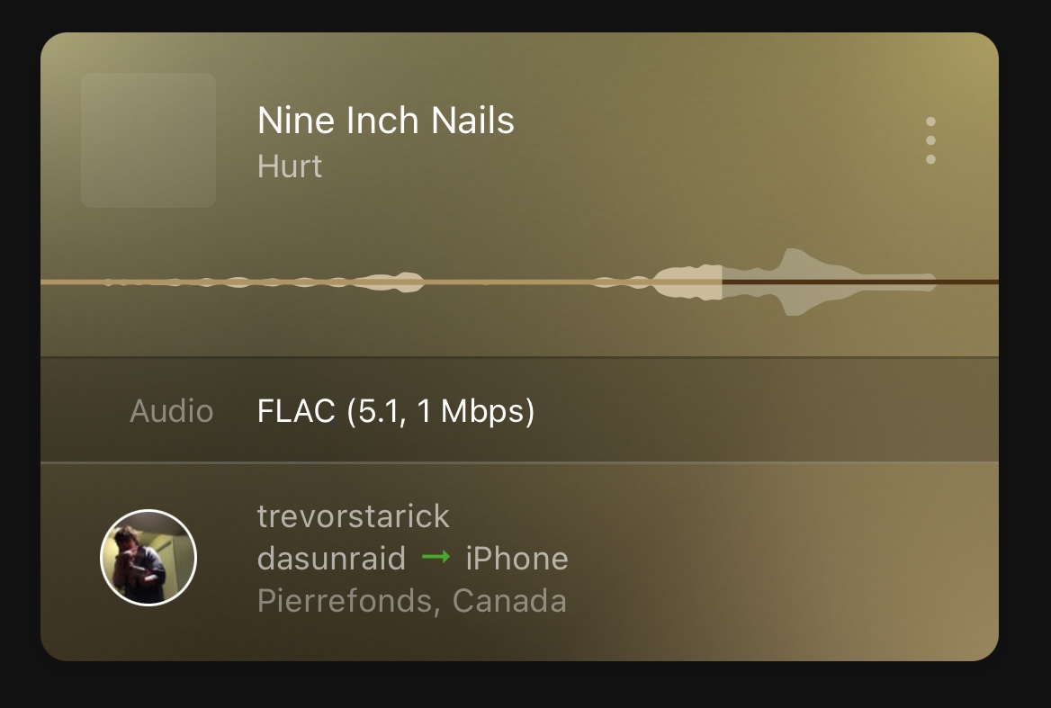 trevorstarick's tweet photo. @plexamp Awesome I can see it in PlexDash, I guess iOS is downmixing it instead of passing 5.1 to the AirPods as it would for video playback https://t.co/hAy5zHOeGV