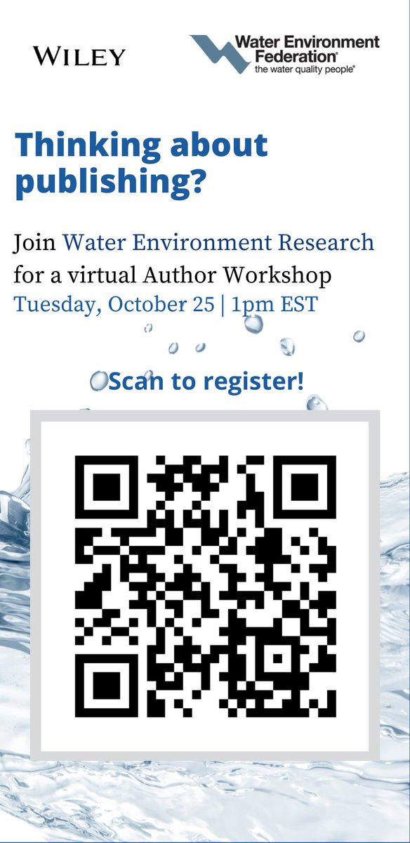 Register for Water Environment Research’s virtual author workshop and listen to expert insights on the entire process - from pre-publication to article promotion! Speakers include <a href="/Zhen_Jason_He/">Zhen (Jason) He</a> <a href="/Fab_H2O/">Fab Sabba</a>  Katie Dickinson bit.ly/WERWorkshop22