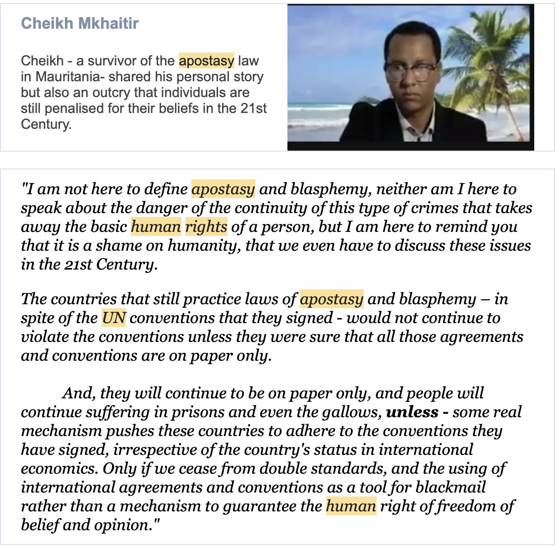 1977:"..serves as an urgent reminder of the extent to which basic human rights in our country exist, regrettably, on paper only."
2020:"The countries that still practice laws of apostasy and blasphemy[.] continue to violate the conventions [.] those agreements are on paper only."