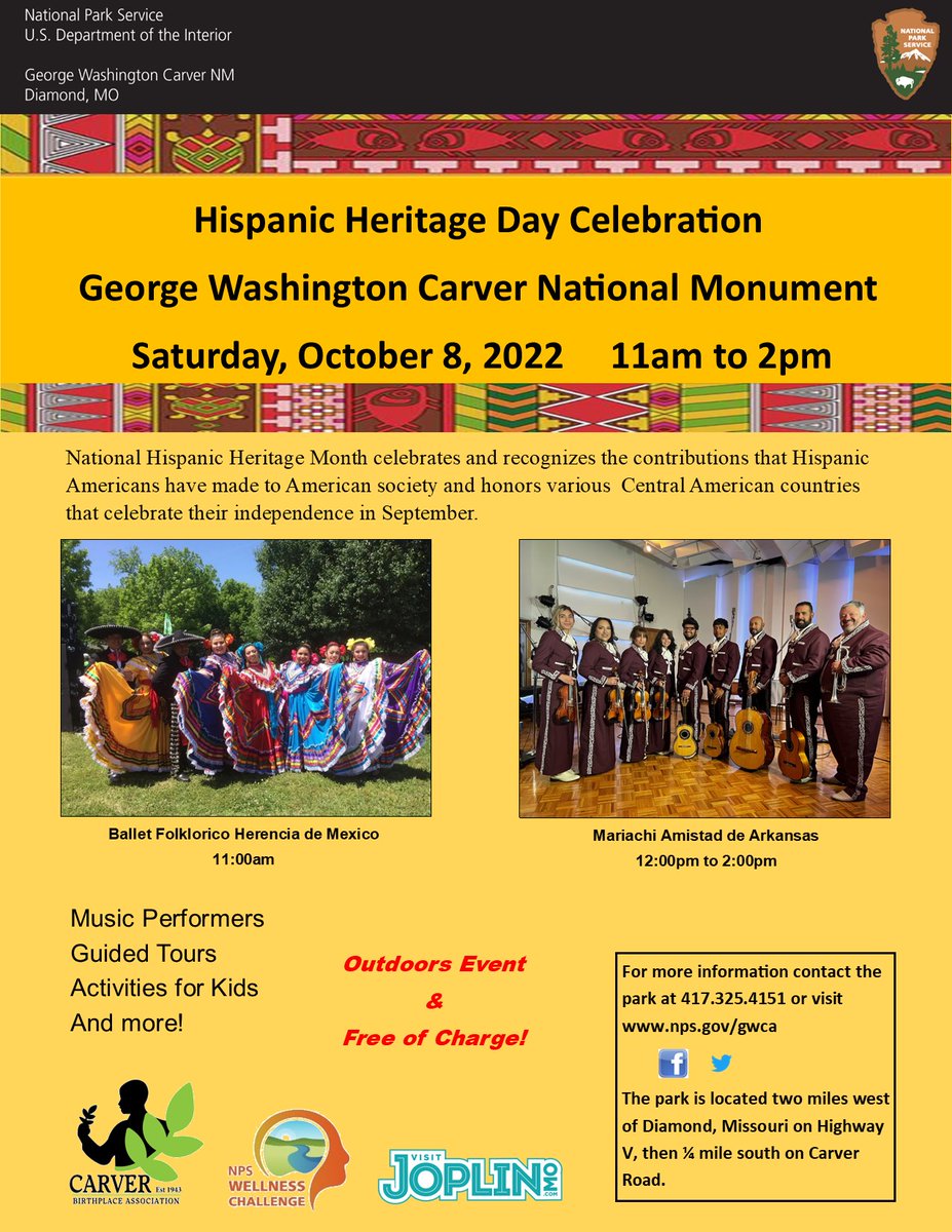 GWCarverNPS's tweet image. Hispanic Heritage Day is Saturday, 10/8 (11am to 2pm). Help up celebrate with music, dancers, &amp;amp; activities for all to enjoy. Ballet Folklorico Herenica de Mexico at 11am &amp;amp; Mariachi Amistad de Arkansas at 12 to 2pm. Free event! #hispanicheritagemonth
nps.gov/gwca/learn/new…
P/NPS