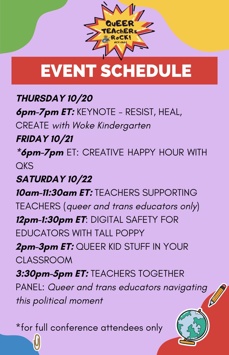 TransEducators's tweet image. Join Queer Kid Stuff for Queer Teachers Rock, a virtual miniconference for queer and trans PreK-12 teachers! On October 20th- 22nd. eventbrite.com/e/queer-teache…