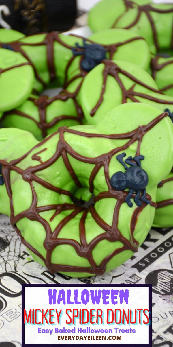 everyday_eileen's tweet photo. Homemade baked Halloween Spider Donuts are shaped like Mickey Mouse, using Oreos for ears. The donuts have a green glaze and decorated with chocolate spider webs for Halloween donuts. A great donut to let the kids help decorate. #halloween #halloweendonut https://t.co/wAfwpkSqTj https://t.co/F5ru9VGf5U