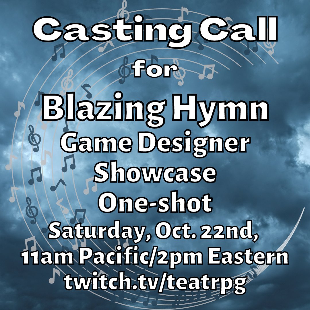 TeaTRPG_'s tweet image. Are you ready to don your battle suit and blast the invading armies of Heaven with the power of music? Then you'll love @CatlingGun's Blazing Hymn! We are casting 3 players in this Game Designer Showcase one-shot! To apply, fill out this form: forms.gle/YGYbx76qadGDit…