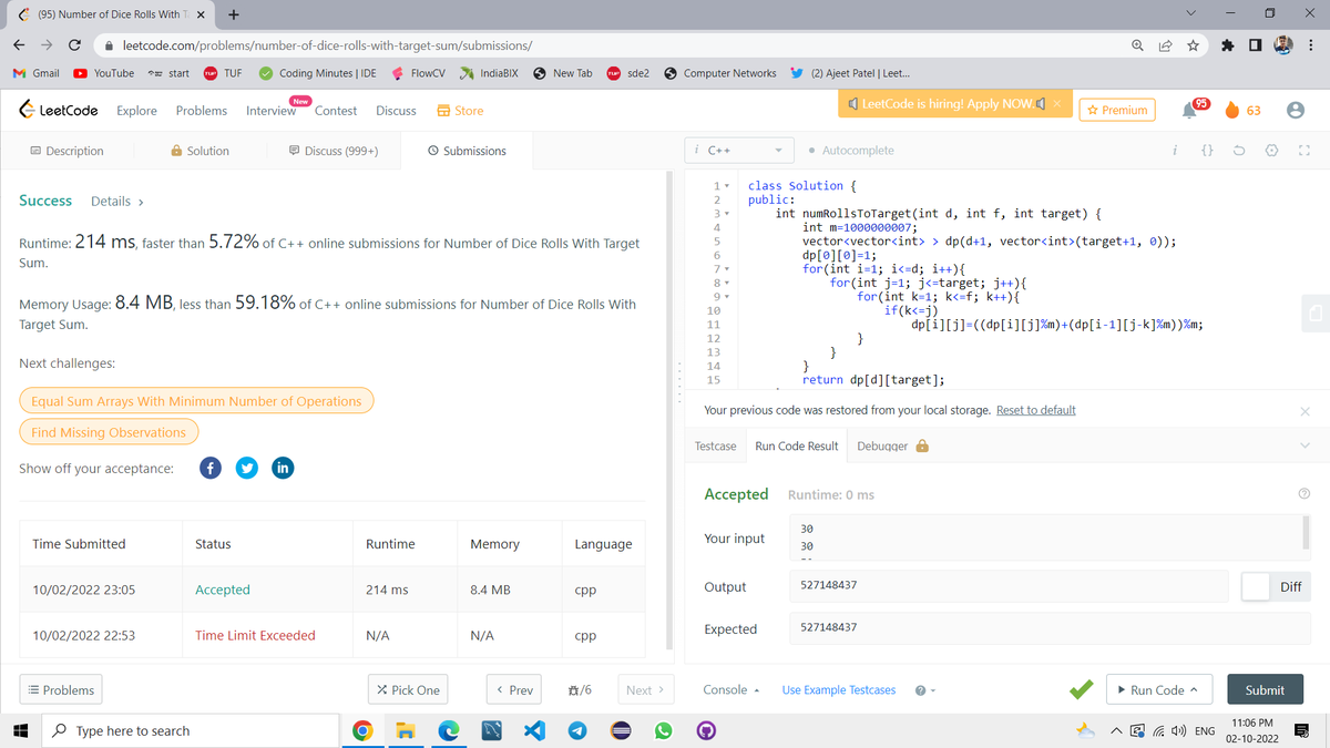 mpathak382's tweet photo. Completed Day 94 of 100 Days of Code Program by  @CodeinCommunity Supported by @MinutesCoding

I solved No. of Dice Rolls problem on Leetcode.
https://t.co/HEydosKvQQ
Discord -https://t.co/DXwhp7UUAT

#100daysofcodechallenge #codeincommunity  #codein100daysofcode #100DaysOfCode https://t.co/Hq1fOvcCET