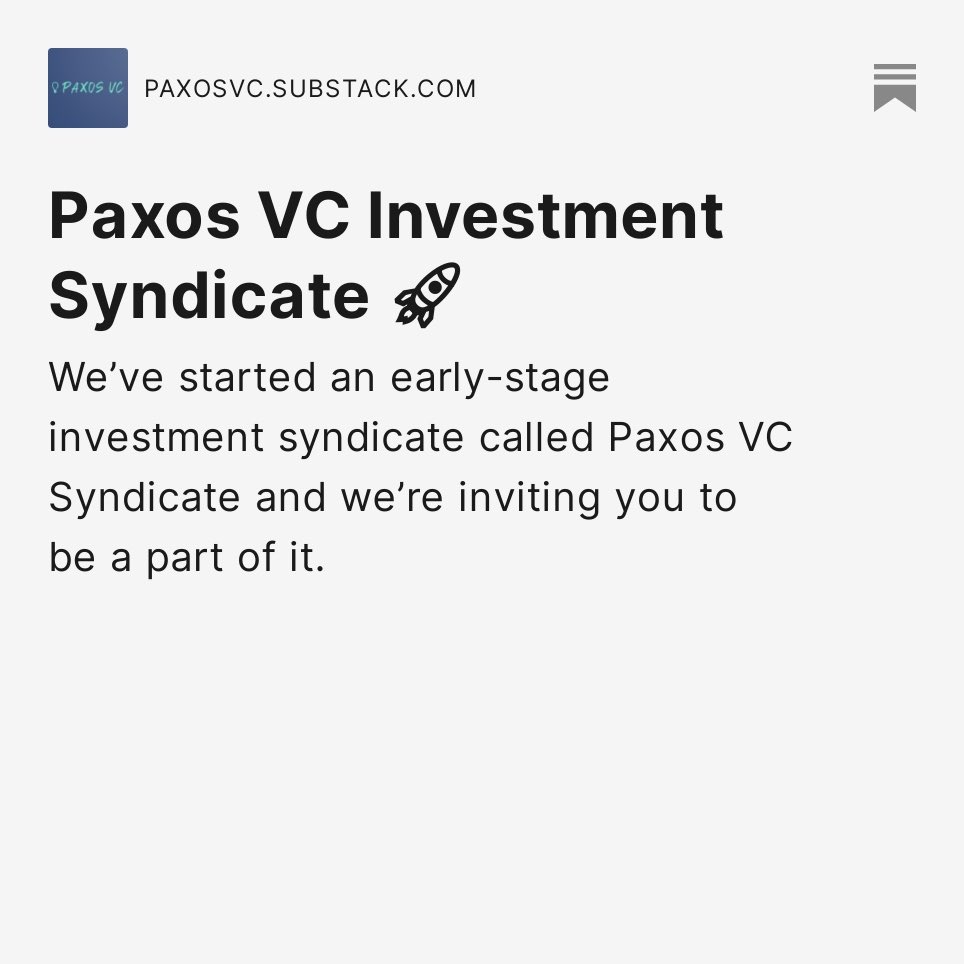 We’ve started an early stage investment syndicate. 

Subscribe if you’d like to join:

paxosvc.substack.com/subscribe