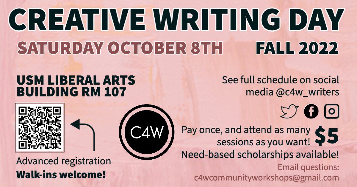 c4w_writers's tweet photo. THIS SATURDAY!! At USM, LAB rm 107!! All day workshops for hattiesburg folks & USM students! $5 to attend any and all workshops. We would love to see you there! #USM #CreativeWritingDay https://t.co/j3iD4L1Gsn