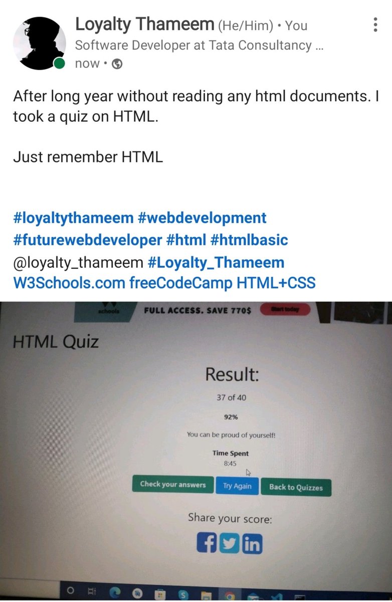 Loyalty_Thameem's tweet image. After long year without reading any html documents. I took a quiz on HTML.
Just remember HTML
#loyaltythameem #webdevelopment #futurewebdeveloper #html #htmlbasic
@loyalty_thameem #Loyalty_Thameem
W3Schools.com freeCodeCamp HTML+CSS