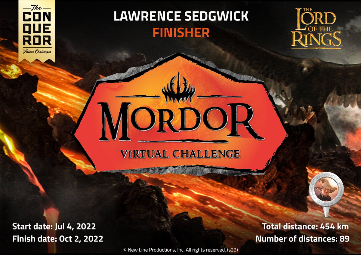 LawSedgwick's tweet photo. I FINALLY DID IT!!! 282 miles in  3 Months. Thank you #theconquerorchallenge for motivating me to achieve this awesome goal! 🤩👍🏅#Ibowtonoone #LordOfTheRings https://t.co/E03arymHWq