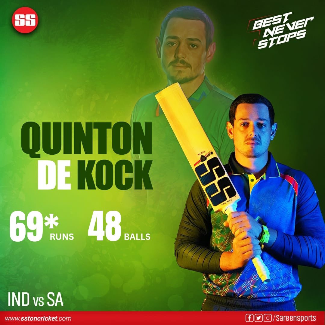 WHAT AN INNINGS! 
Take a bow @QuinnyDeKock69 🔥🔥

BEST NEVER STOPS! 

#ss #sareensports #sareensportsindia #cricketbat #cricketworld #indvssa #T20I #cricketindia #bestneverstops #quintondekock #suryakumaryadav