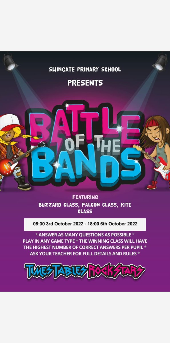 smith2020_mrs's tweet photo. Calling all Year 4 children! 😃 @SwingatePrimary 

You were great at completing your 10 TT Rockstar sessions last week so this week your teachers have an extra challenge for you. 

BATTLE OF THE CLASSES 🎸 

Which class will take the top spot? 🏆 

We can't wait to see! 👀 https://t.co/sNQZxdp9w5