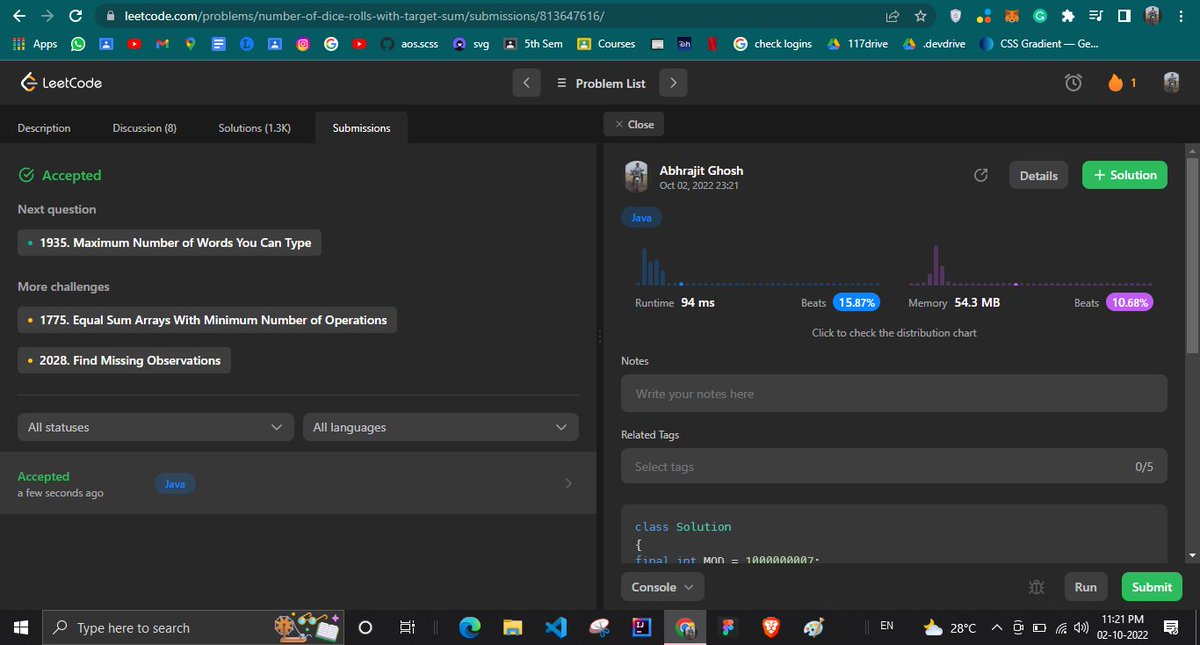 AbhrajitGhosh7's tweet photo. Hello Folks, I have completed Day 94 of the 100 Days of Code Program by CodeINCommunity, Supported by Coding Minutes. I solved -Number of Dice Rolls With Target Sum
 Find my code here: https://t.co/tV7xZIDtqR 
 Discord community: https://t.co/8BAJbn23gj… #codeincommunity https://t.co/nCWBKWKmlx