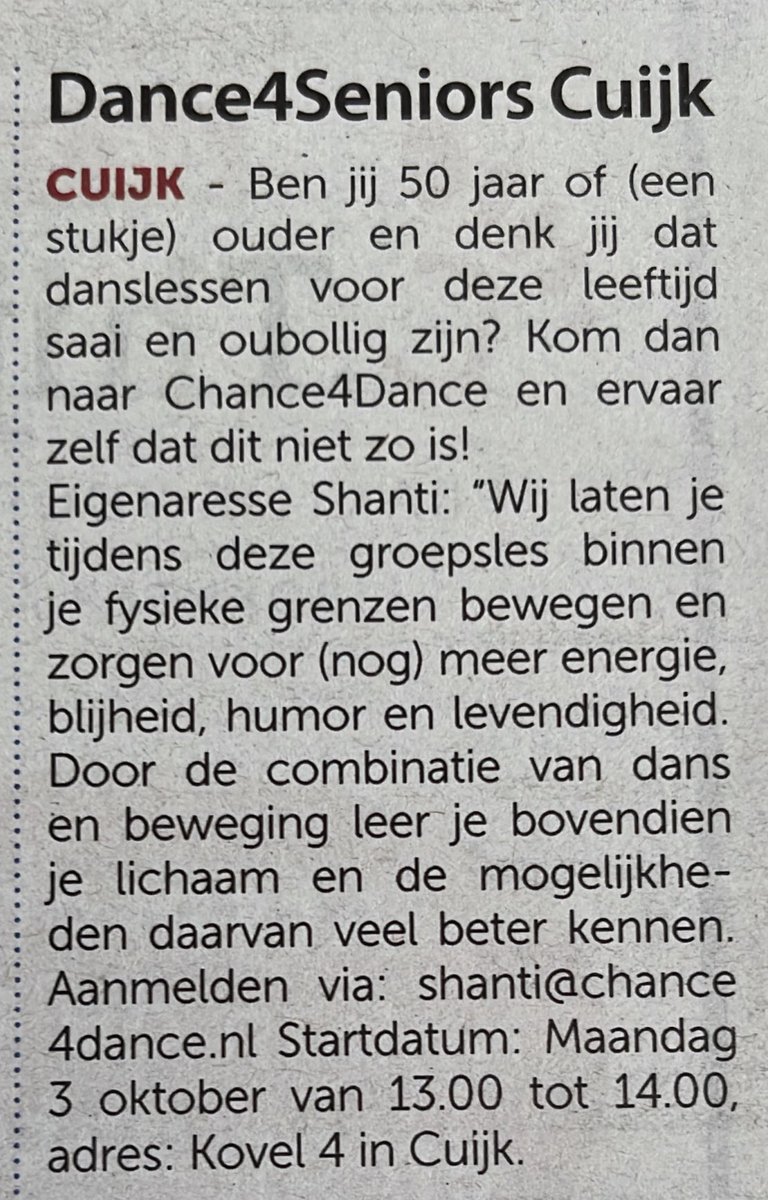 chance4dance's tweet photo. dance4seniors #Cuijk bedankt @alei55 coor het plaatsen in de Cuijkse Stier! https://t.co/It3fppMJiO