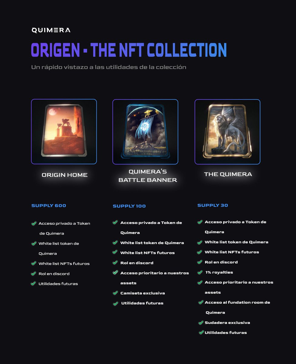 Quimera__SA's tweet photo. 💪 Estas son las utilidades de nuestra colección ORIGEN, para todos aquellos que se harán de alguno de nuestros NFT. https://t.co/JIJr1CFwYM