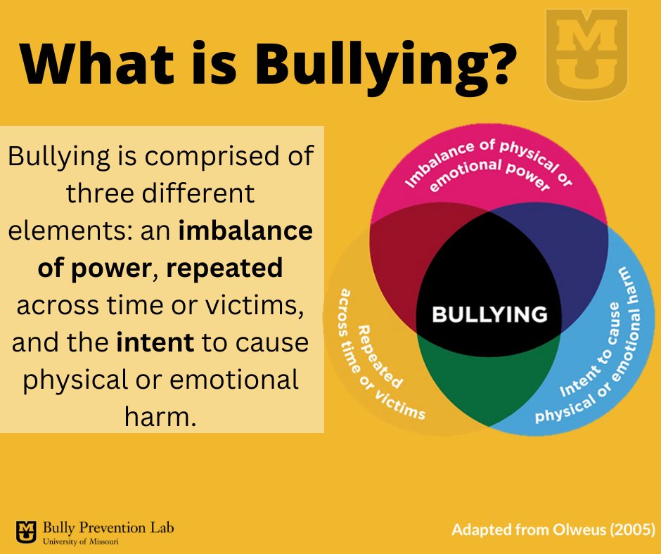 BullyPreventLab's tweet image. To start our #TopicTuesday series, we will provide our visual definition of bullying. What other topics would you like to see us address this month and beyond? Let us know on our social media platforms or send us an email at bullypreventionlab@gmail.com 2/2 #MIZ #BPL #TopicTues