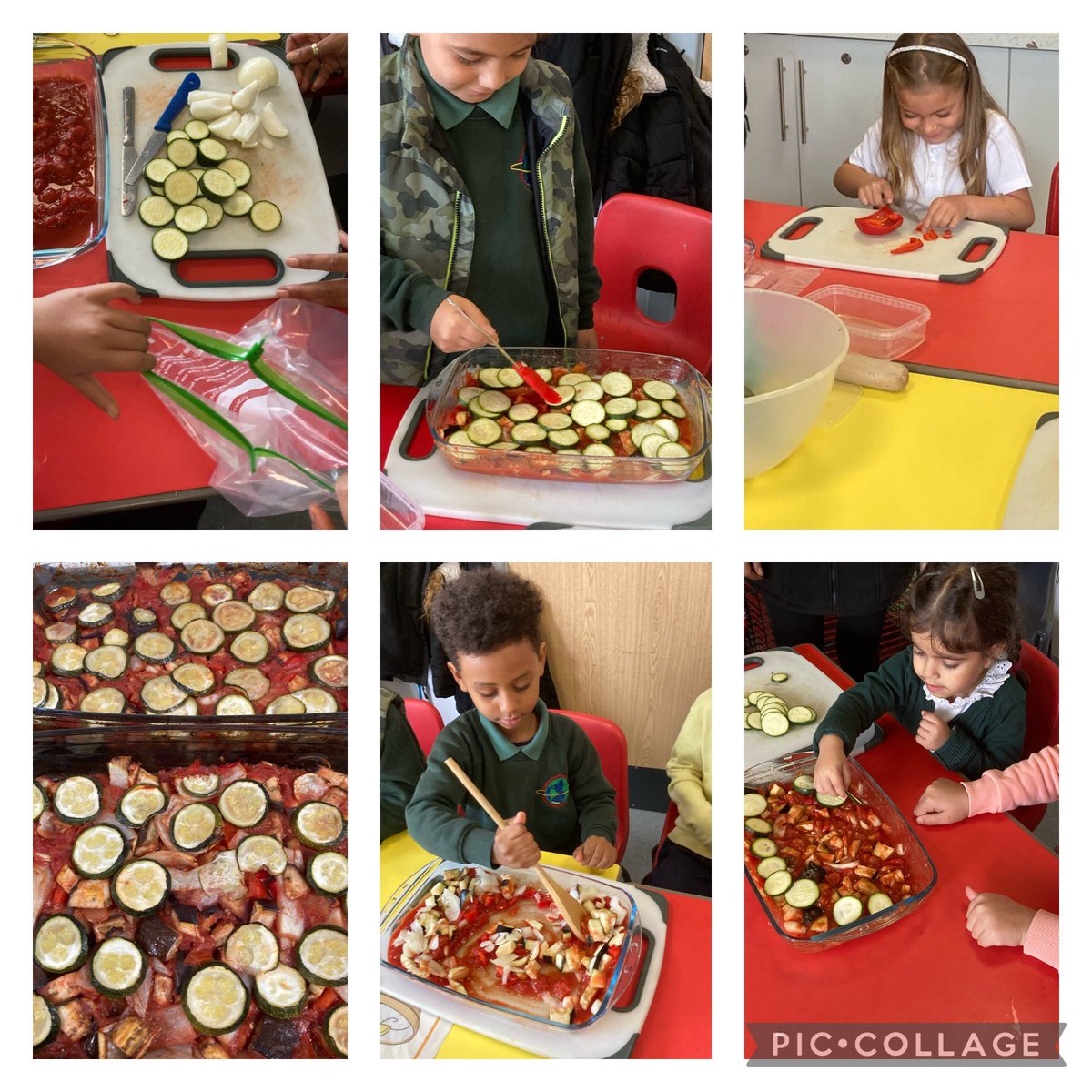 DosbarthSilver's tweet photo. We had great fun following a @my_worldkitchen recipe to make ratatouille this week. We worked hard to learn the vegetable names and verbs. It was so delicious that we’re going to write the recipe next week to share with our family! #harvest https://t.co/8Wm1AR96zD