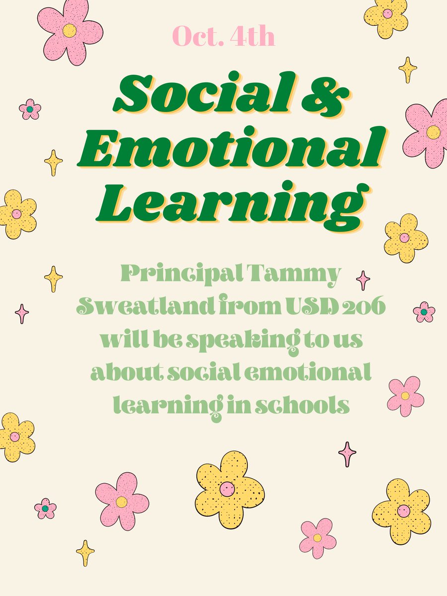 Come here Principal Sweatland give us her insight on social emotional learning on Tuesday October 4th <a href="/7pm/">Huong Le</a> in Bluemont 224!