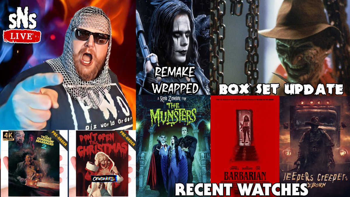 pizowell's tweet photo. sNs #9 goes live tonight at 9PM EST! On the agenda:
a Nightmare on Elm Street box set update, mini-reviews of recent watches, Vinegar Syndrome pre-orders, The Crow remake, Robert Egger's Nosferatu &amp; more!

🤘Watch here: https://t.co/1TWT98mmNN

#horror #horrorcommunity #horrorfam https://t.co/NN7TUVPxPd