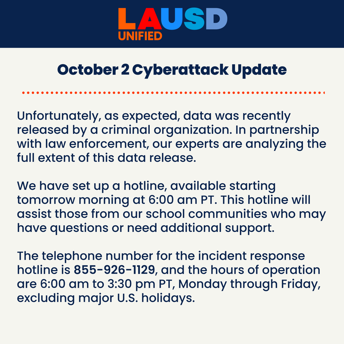 Thank you to our students, families and employees for doing their part in the ongoing recovery from this cyberattack.