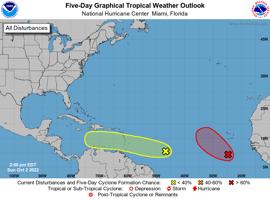 NHC_Atlantic's tweet photo. 10/2, 2 pm EDT- NHC is monitoring a pair of systems this afternoon.  The eastern one is likely to become a tropical depression around midweek, and the western system could gradually develop over the next few days.  More details: https://t.co/tW4KeFW0gB https://t.co/jyMZ5hM3zT