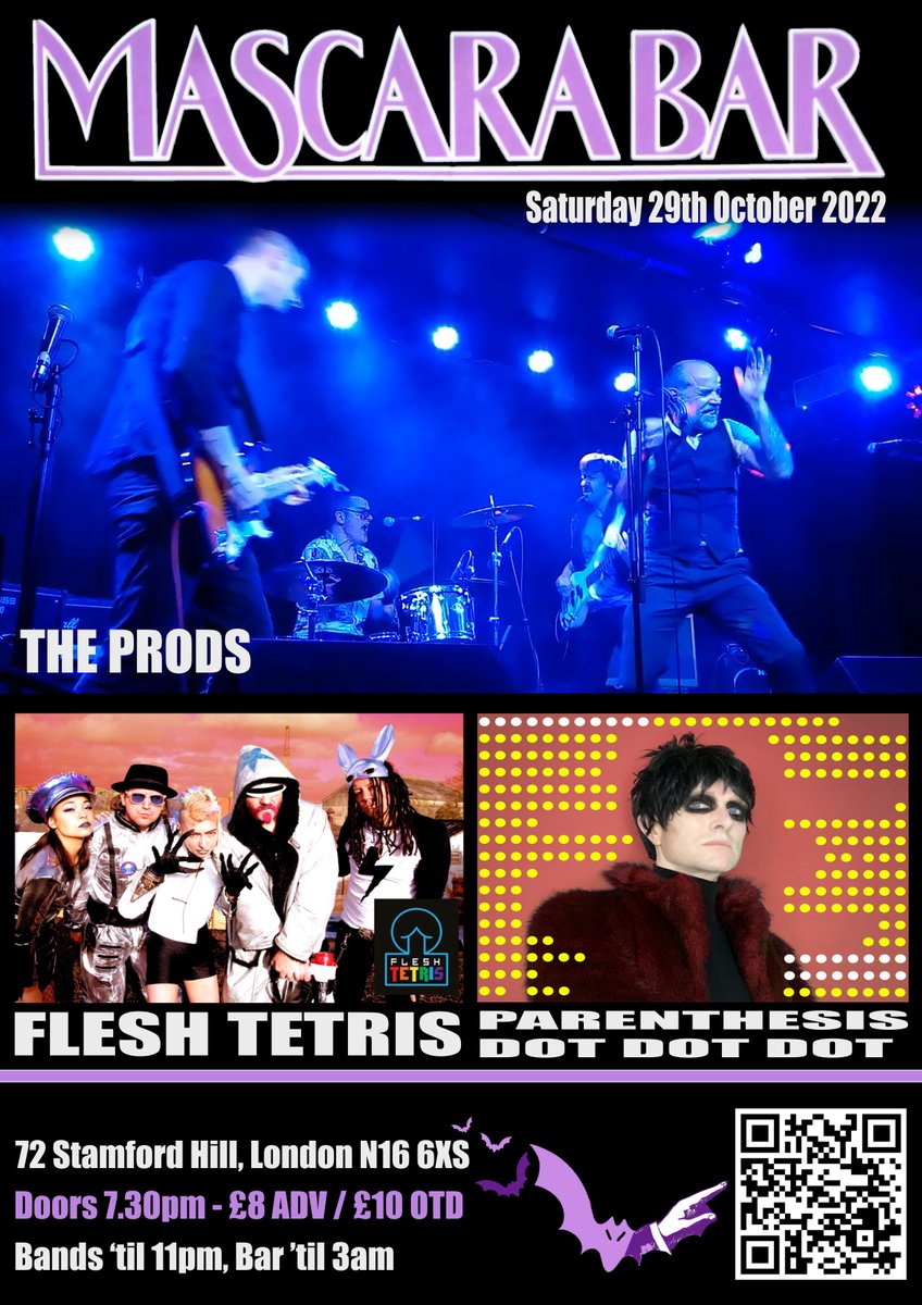 TheProdsBand's tweet photo. GIG NEWS! London, Sat 29th Oct
We're teaming up with the brilliant @FleshTetris and sublime @P_Dotty for a night of aural revelry in @mascarabar Stoke Newington.
It's going to be a STONKER.
Ticket link: https://t.co/elxYjPtrDX
#theprods #fleshtetris #parenthesisdotdotdot https://t.co/jBtICqQ4Ea