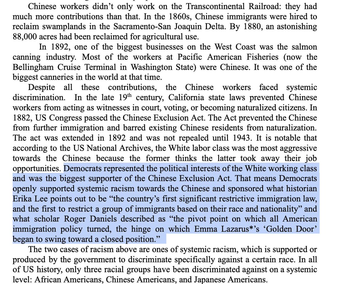 waasianequality's tweet photo. A student drew the below conclusion after research:"Democrats represented the political interests of the White working class and was the biggest supporter of the Chinese Exclusion Act. That means Democrats openly supported systemic racism towards the Chinese..."#waleg https://t.co/fzVYIQkXHq