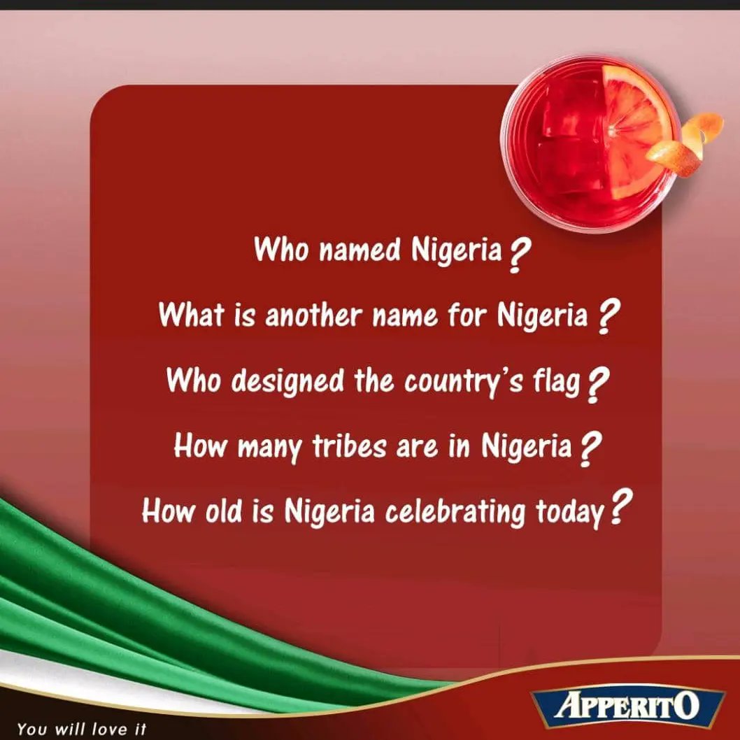 Apperito_ng's tweet photo. Happy independence day, Nigeria.

How well do you know your country? Answer our independence day trivia to win prizes

#Apperito #ApperitoNigeria #ApperitoMix
#ApperitoCocktail #YouWillLoveIt #HappyIndependenceDay https://t.co/41NW4emhgw