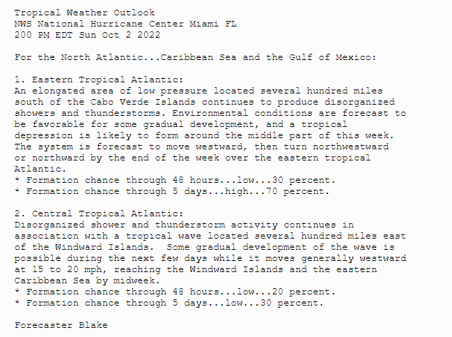 NHC_Atlantic's tweet photo. 10/2, 2 pm EDT- NHC is monitoring a pair of systems this afternoon.  The eastern one is likely to become a tropical depression around midweek, and the western system could gradually develop over the next few days.  More details: https://t.co/tW4KeFW0gB https://t.co/jyMZ5hM3zT