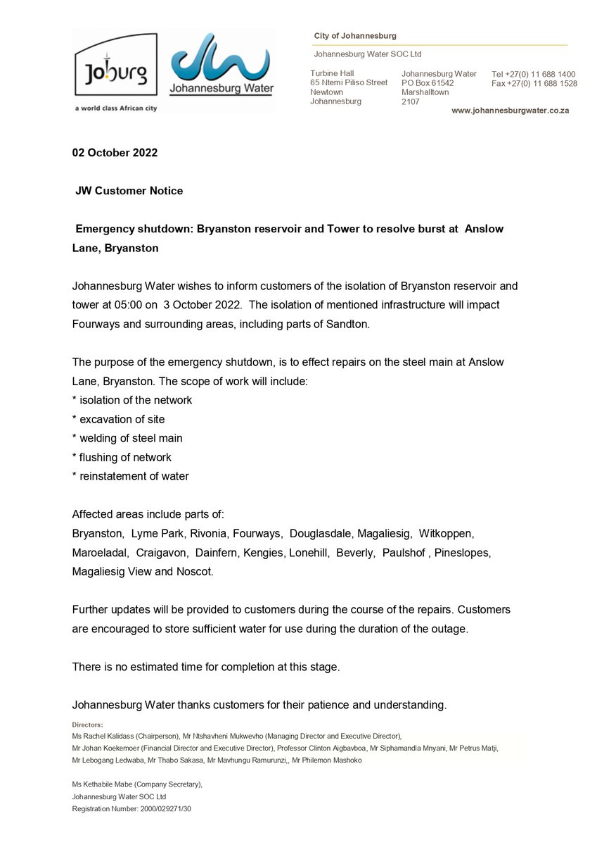#JoburgUpdates  Emergency shutdown: Bryanston reservoir and Tower to resolve burst at  Anslow Lane, Bryanston. ^K