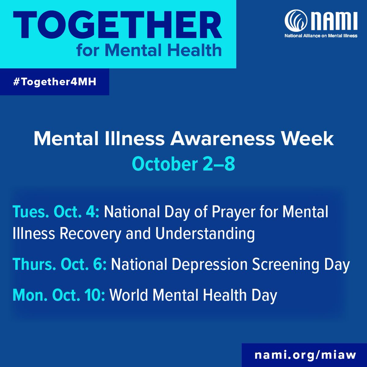 Each year, millions of Americans face the reality of living with a mental health condition. That is why each year, during the first week of October, NAMI and participants across the country raise awareness of mental illness, fight discrimination and provide support through #MIAW