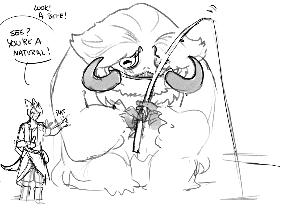 blekkatta's tweet photo. A little comic about a Yeti who wants to learn to fish (based on a rly cute convo in discord and this screenshot) #ffxiv https://t.co/mpeVgg6NNO